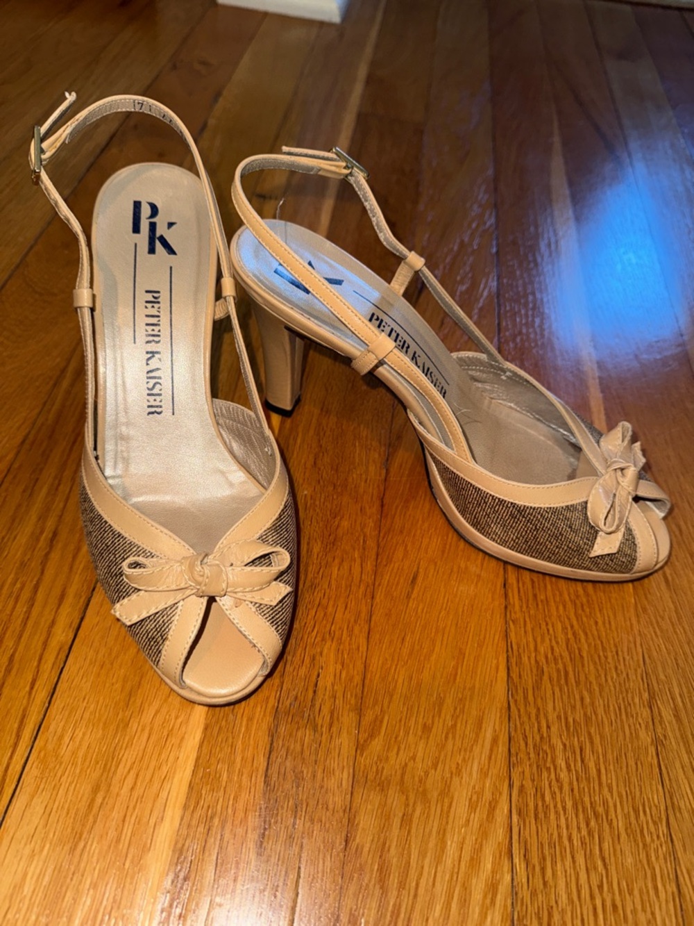 Peter Kaiser Beige and Brown Slingback Peep-Toe Heels